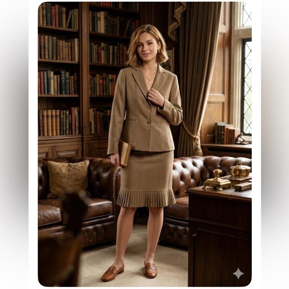 Larry Levine Classics Brown Herringbone Skirt Suit Set - Petite 6P - 2 Piece